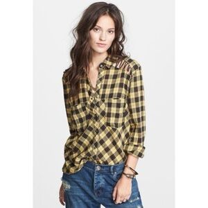 FREE PEOPLE LACE-UP PLAID CREPE BUTTON DOWN BLOUSE SHIRT